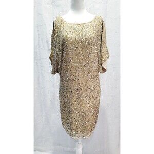 CACHE Gold Tan Silver Sequin Silk Cold Shoulder Mini Cocktail Dress Women's 2